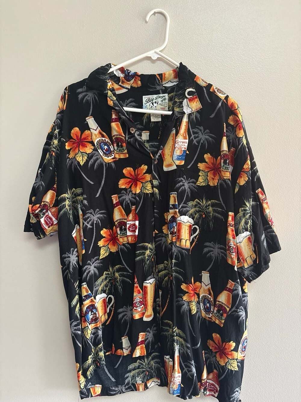 Vintage Big Dogs Beer Bottle Tropical Hawaiian Shirt Size Large